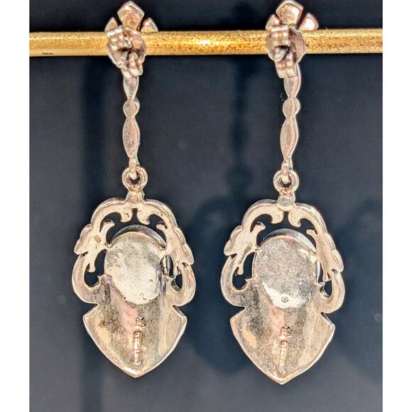 Vintage Signed 925 Sterling Silver Black Onyx Marcasite Long Dangle Earrings - Picture 3 of 9